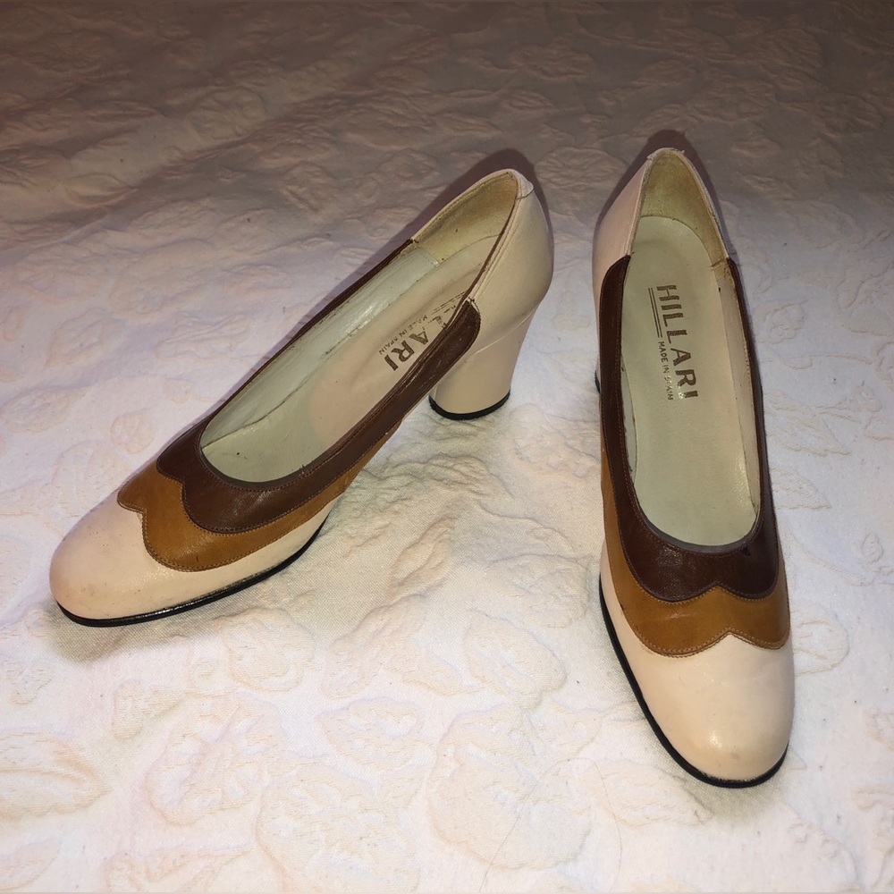 White and brown, scalloped edge heels